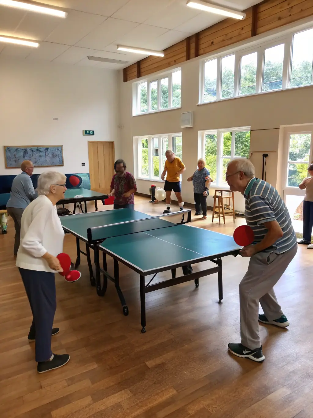 An image of a diverse group of people participating in a community table tennis event, emphasizing inclusivity and accessibility.