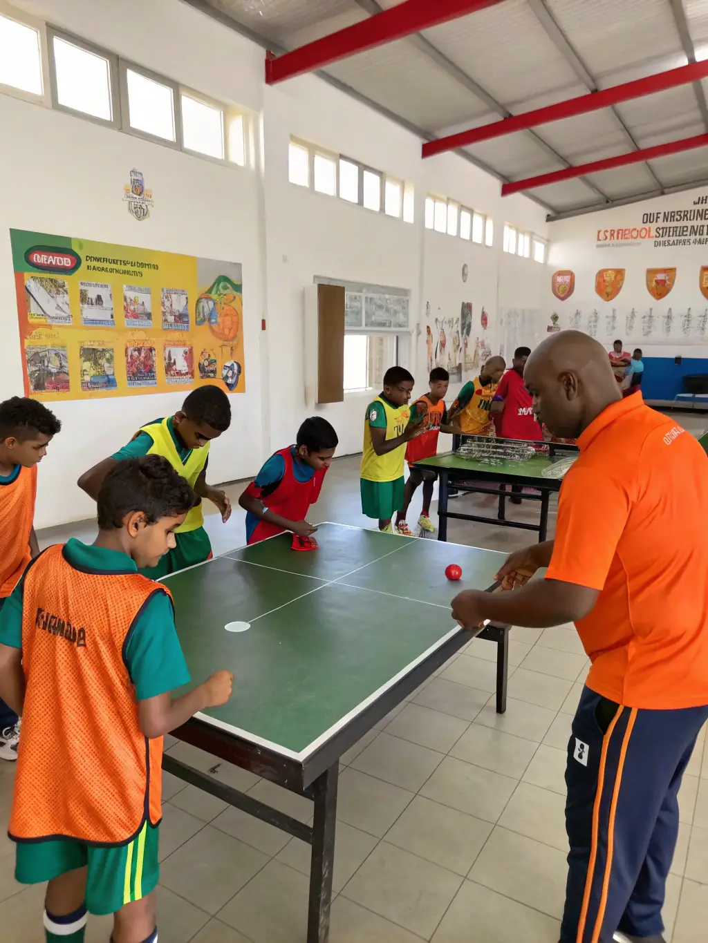 An image of young children learning basic table tennis skills with a coach, emphasizing the fun and inclusive nature of the program.