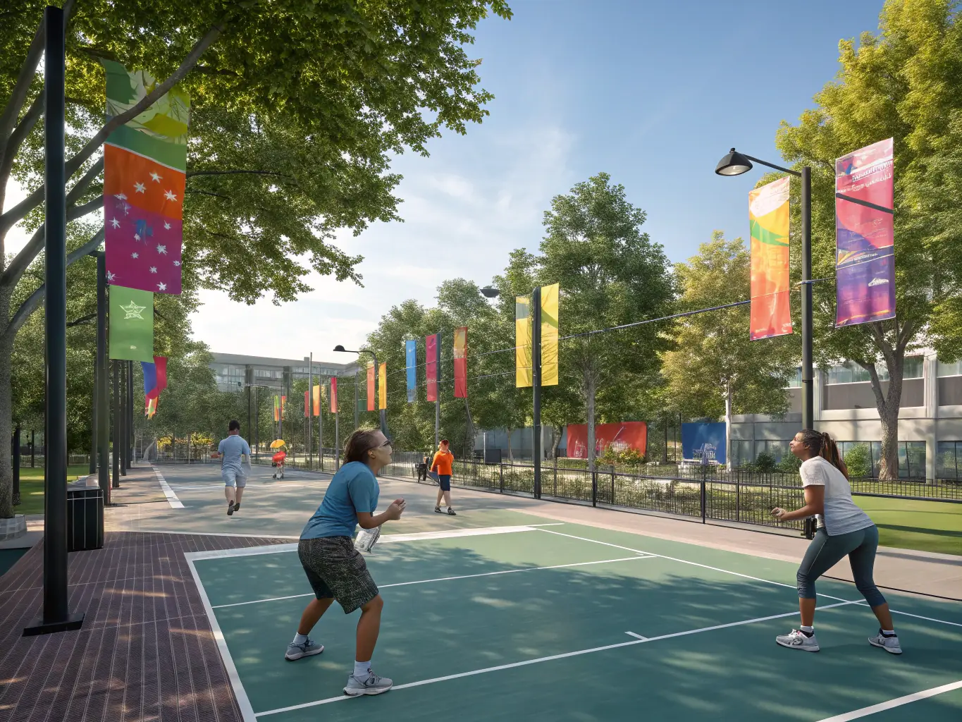 An image showing a group of people playing pickleball on an outdoor court in a park setting, with trees and greenery in the background.